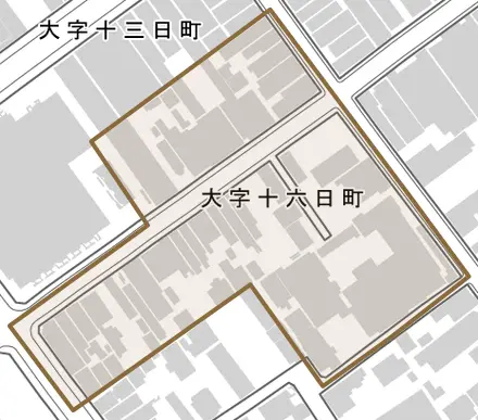大字十六日町とその周辺の地図。町の範囲を重ねている