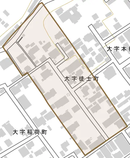 大字徒士町とその周辺の地図。町の範囲を重ねている
