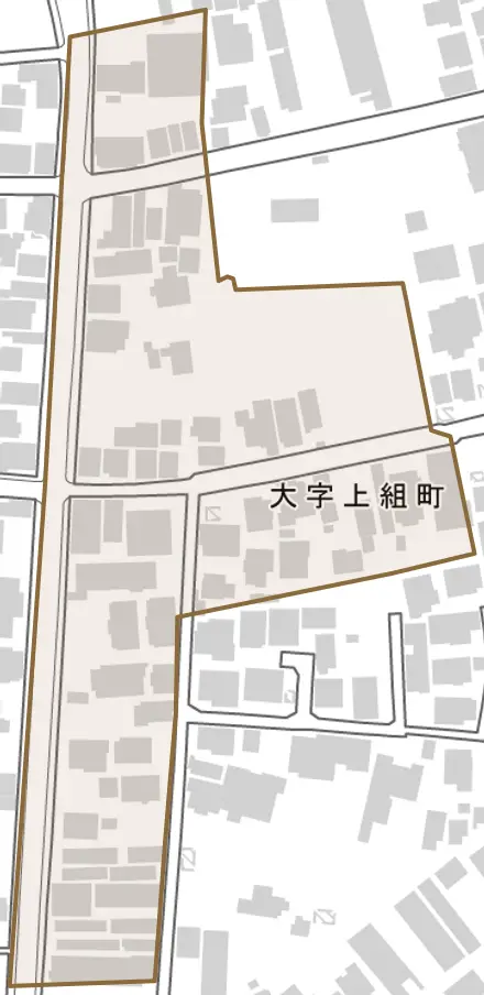 大字上組町とその周辺の地図。町の範囲を重ねている
