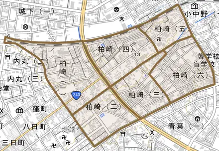 柏崎とその周辺の地図。町の範囲を重ねている