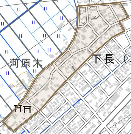 河原木とその周辺の地図。町の範囲を重ねている