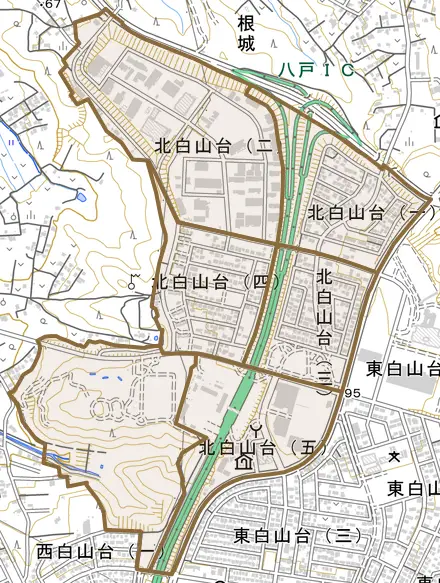 北白山台とその周辺の地図。町の範囲を重ねている