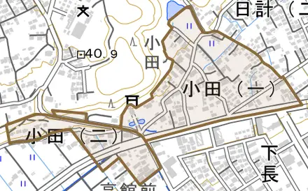 小田とその周辺の地図。町の範囲を重ねている