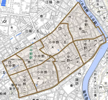小中野とその周辺の地図。町の範囲を重ねている