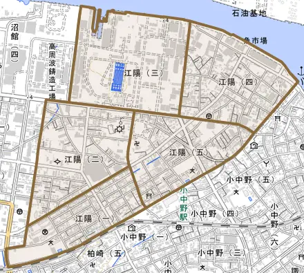江陽とその周辺の地図。町の範囲を重ねている