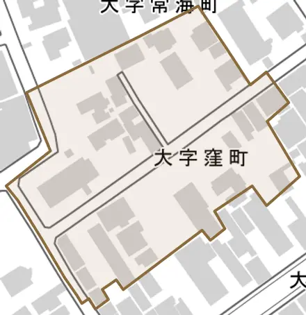 大字窪町とその周辺の地図。町の範囲を重ねている