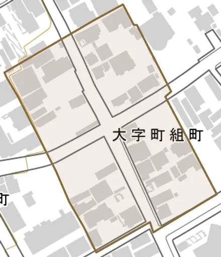 大字町組町とその周辺の地図。町の範囲を重ねている