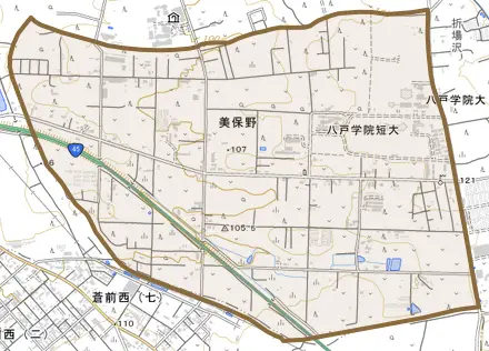 大字美保野とその周辺の地図。町の範囲を重ねている