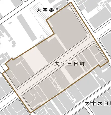 大字三日町とその周辺の地図。町の範囲を重ねている