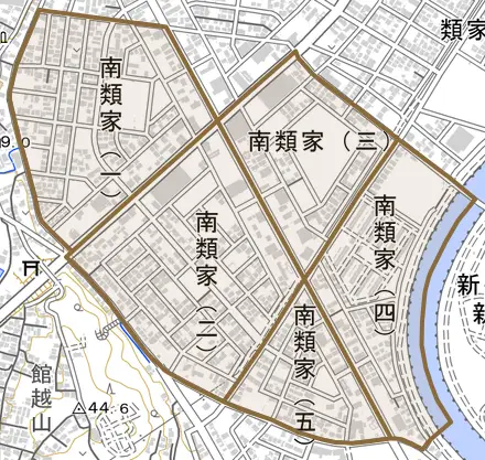 南類家とその周辺の地図。町の範囲を重ねている