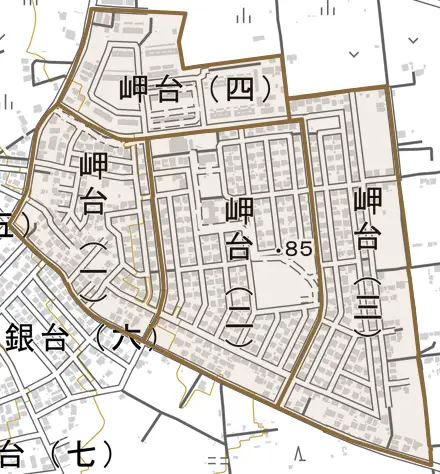 岬台とその周辺の地図。町の範囲を重ねている