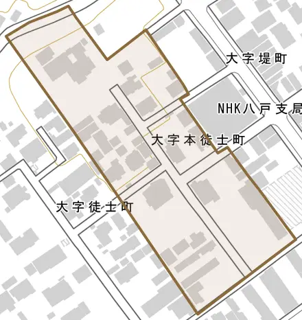 大字本徒士町とその周辺の地図。町の範囲を重ねている