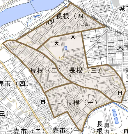 長根とその周辺の地図。町の範囲を重ねている