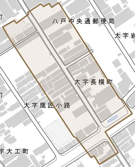大字長横町とその周辺の地図。町の範囲を重ねている