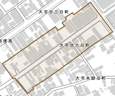 大字廿六日町とその周辺の地図。町の範囲を重ねている