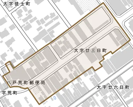 大字廿三日町とその周辺の地図。町の範囲を重ねている