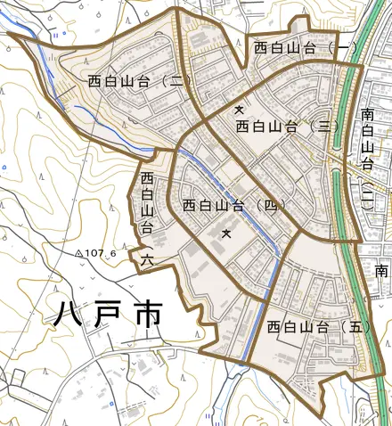 西白山台とその周辺の地図。町の範囲を重ねている