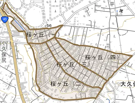 桜ケ丘とその周辺の地図。町の範囲を重ねている