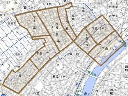 下長とその周辺の地図。町の範囲を重ねている