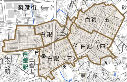 白銀とその周辺の地図。町の範囲を重ねている