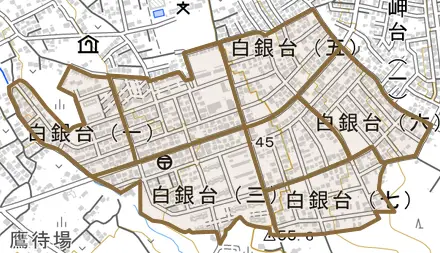 白銀台とその周辺の地図。町の範囲を重ねている