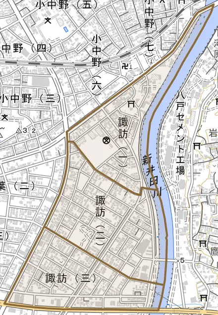 諏訪とその周辺の地図。町の範囲を重ねている