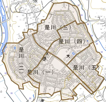 是川とその周辺の地図。町の範囲を重ねている