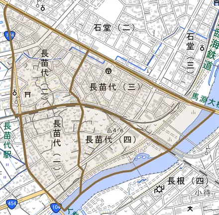長苗代とその周辺の地図。町の範囲を重ねている