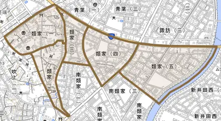類家とその周辺の地図。町の範囲を重ねている