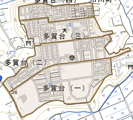 多賀台とその周辺の地図。町の範囲を重ねている