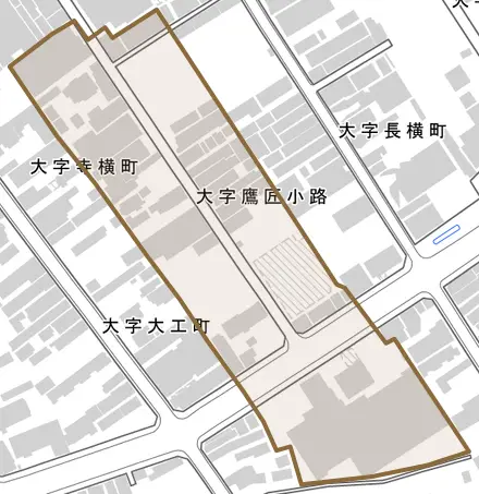 大字鷹匠小路とその周辺の地図。町の範囲を重ねている
