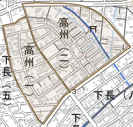 高州とその周辺の地図。町の範囲を重ねている
