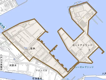 豊洲とその周辺の地図。町の範囲を重ねている