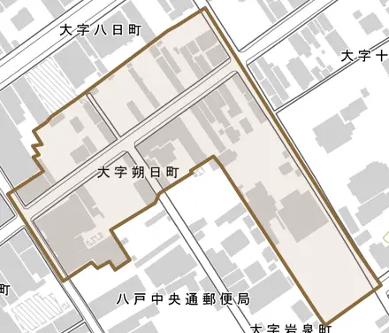 大字朔日町とその周辺の地図。町の範囲を重ねている