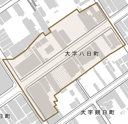 大字八日町とその周辺の地図。町の範囲を重ねている