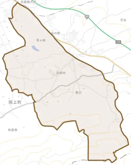 大字赤保内とその周辺の地図。町の範囲を重ねている