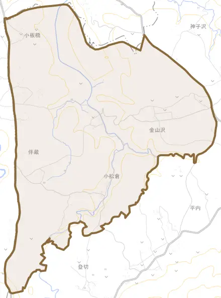 大字金山沢とその周辺の地図。町の範囲を重ねている