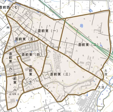 蒼前東とその周辺の地図。町の範囲を重ねている
