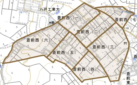 蒼前西とその周辺の地図。町の範囲を重ねている