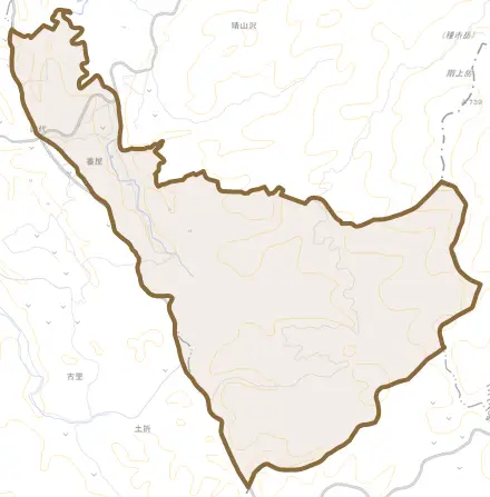 大字田代とその周辺の地図。町の範囲を重ねている
