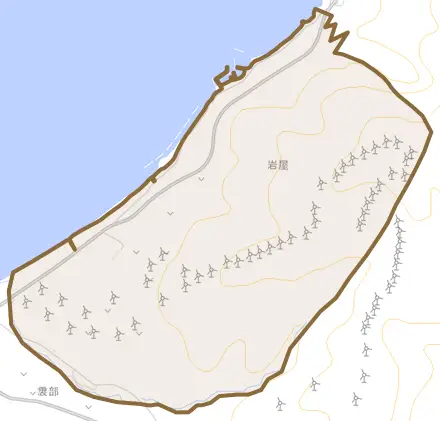 大字岩屋とその周辺の地図。町の範囲を重ねている