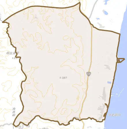 大字小田野沢とその周辺の地図。町の範囲を重ねている