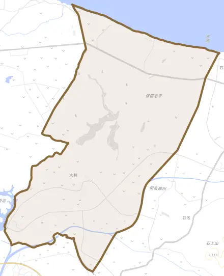大字大利とその周辺の地図。町の範囲を重ねている