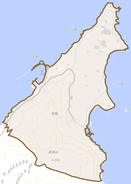 大字尻屋とその周辺の地図。町の範囲を重ねている