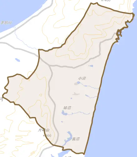 大字尻労とその周辺の地図。町の範囲を重ねている