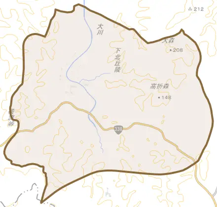 大字砂子又とその周辺の地図。町の範囲を重ねている
