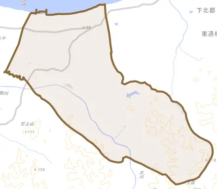 大字蒲野沢とその周辺の地図。町の範囲を重ねている