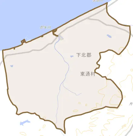 大字野牛とその周辺の地図。町の範囲を重ねている