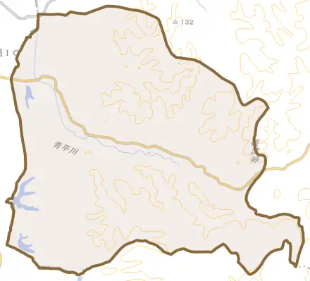 大字田屋とその周辺の地図。町の範囲を重ねている