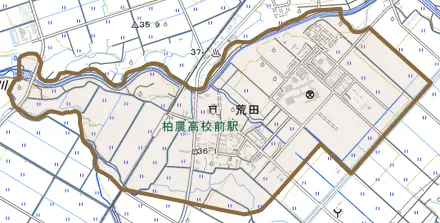 荒田とその周辺の地図。町の範囲を重ねている